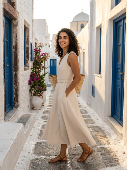 Robe Rineia — Écru Sans Manches avec Poches