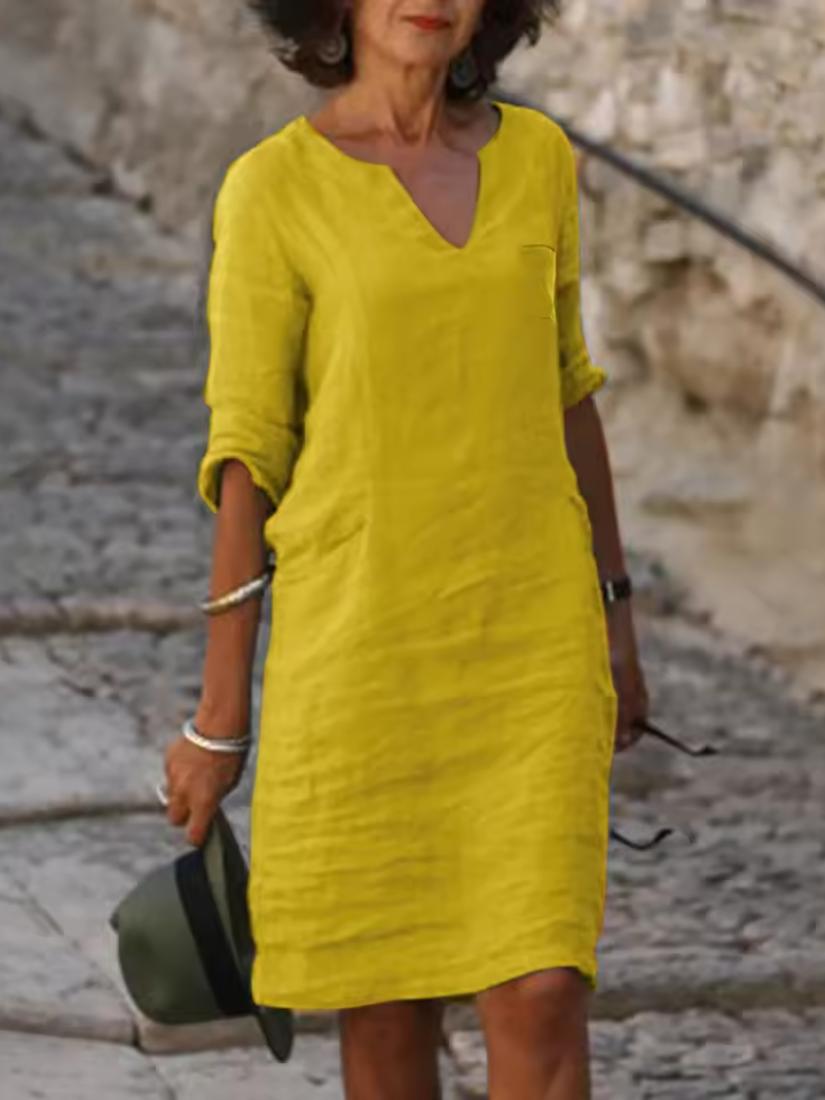 Mila - Cotton-Linen Dress with V-Neck, Mid-Length Sleeves and Fitted Cut