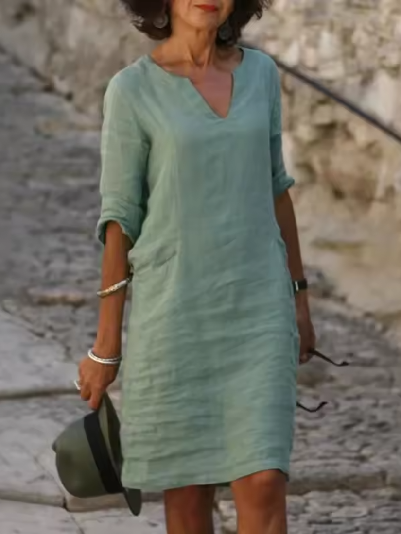 Mila - Cotton-Linen Dress with V-Neck, Mid-Length Sleeves and Fitted Cut