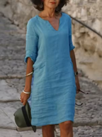 Mila - Cotton-Linen Dress with V-Neck, Mid-Length Sleeves and Fitted Cut