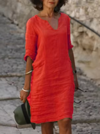 Mila - Cotton-Linen Dress with V-Neck, Mid-Length Sleeves and Fitted Cut