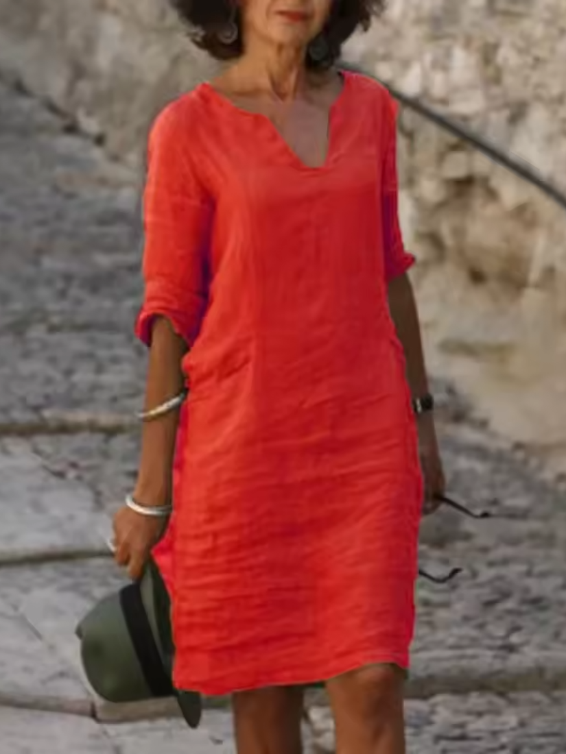 Mila - Cotton-Linen Dress with V-Neck, Mid-Length Sleeves and Fitted Cut