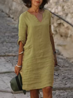 Mila - Cotton-Linen Dress with V-Neck, Mid-Length Sleeves and Fitted Cut