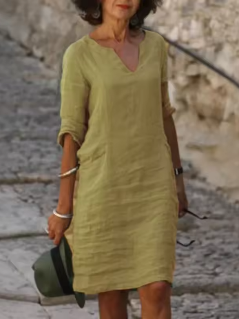 Mila - Cotton-Linen Dress with V-Neck, Mid-Length Sleeves and Fitted Cut