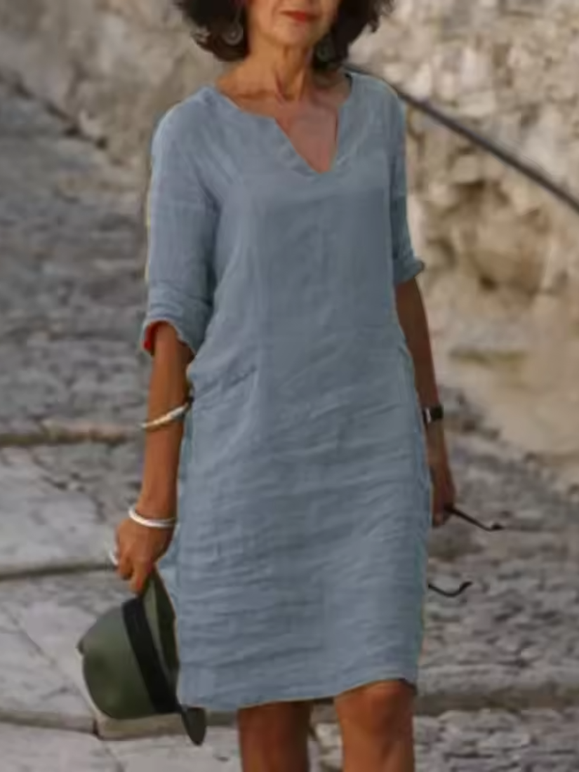 Mila - Cotton-Linen Dress with V-Neck, Mid-Length Sleeves and Fitted Cut