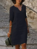 Mila - Cotton-Linen Dress with V-Neck, Mid-Length Sleeves and Fitted Cut