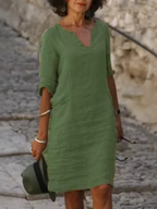 Mila - Cotton-Linen Dress with V-Neck, Mid-Length Sleeves and Fitted Cut