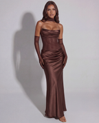 Vittoria — Draped Strapless Maxi Dress in Brown