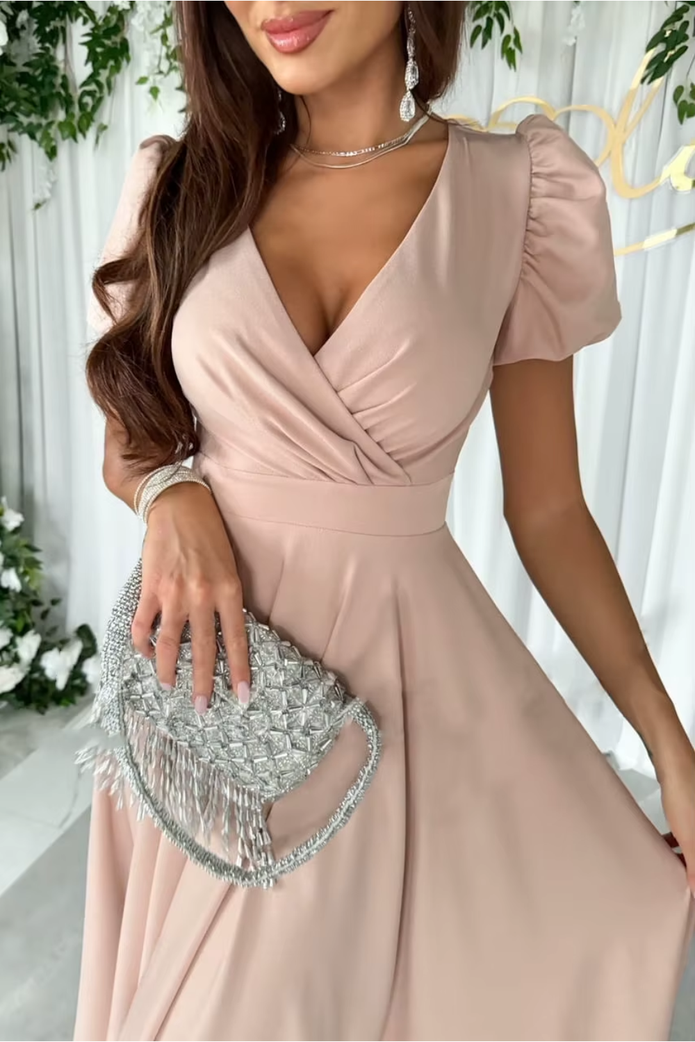 Anika - Elegant V-Neck Midi Dress for Weddings and Other Occasions