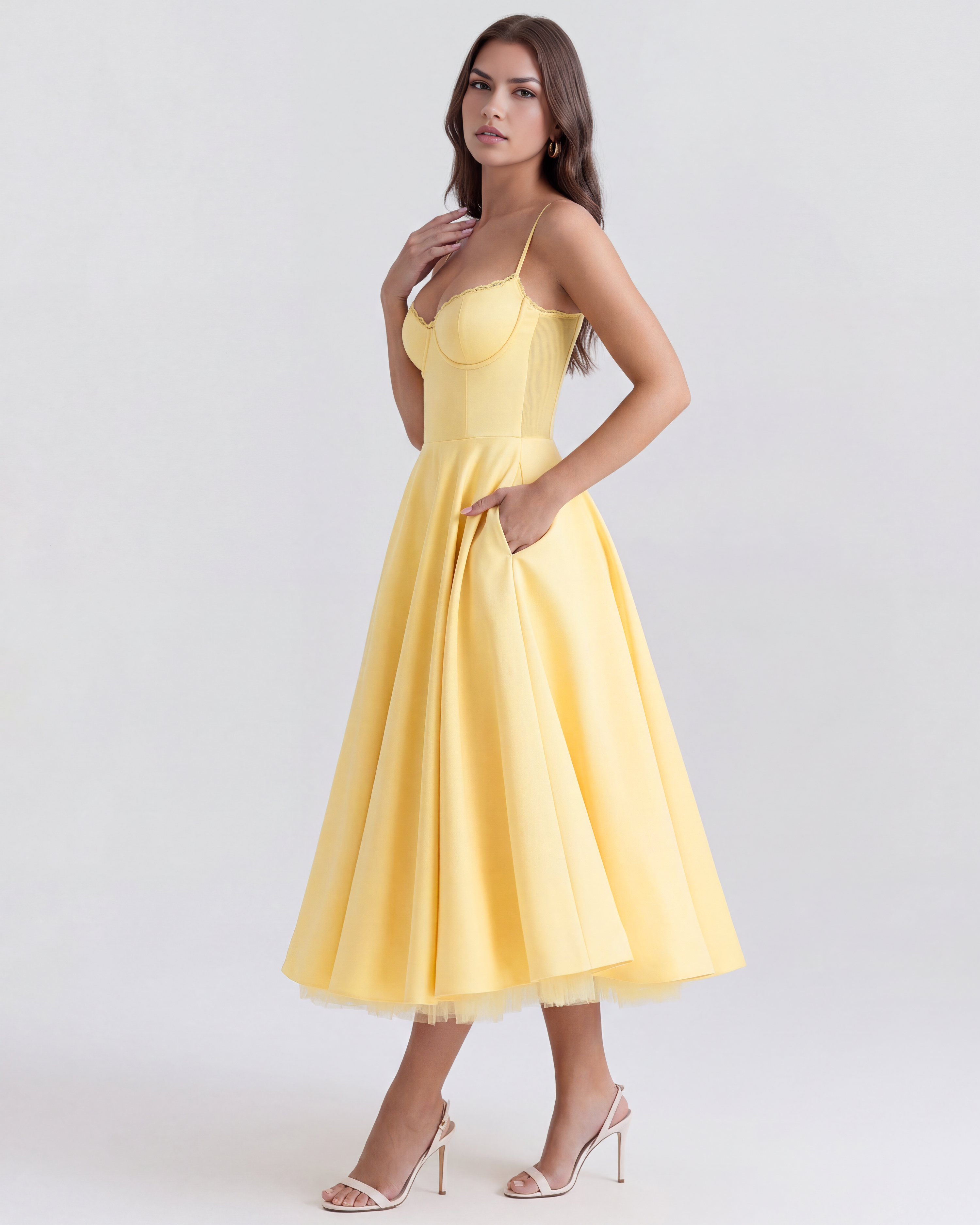 Selene — Buttery Yellow Satin Midi Dress