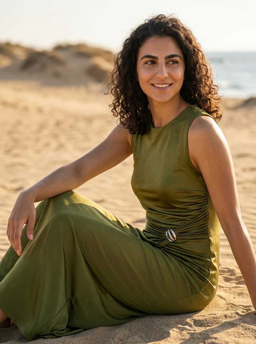 Robe Salamina — Kaki Jersey avec Fente