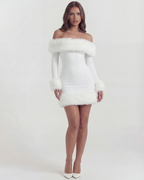 Bella — Faux Fur Trim Mini Dress in White