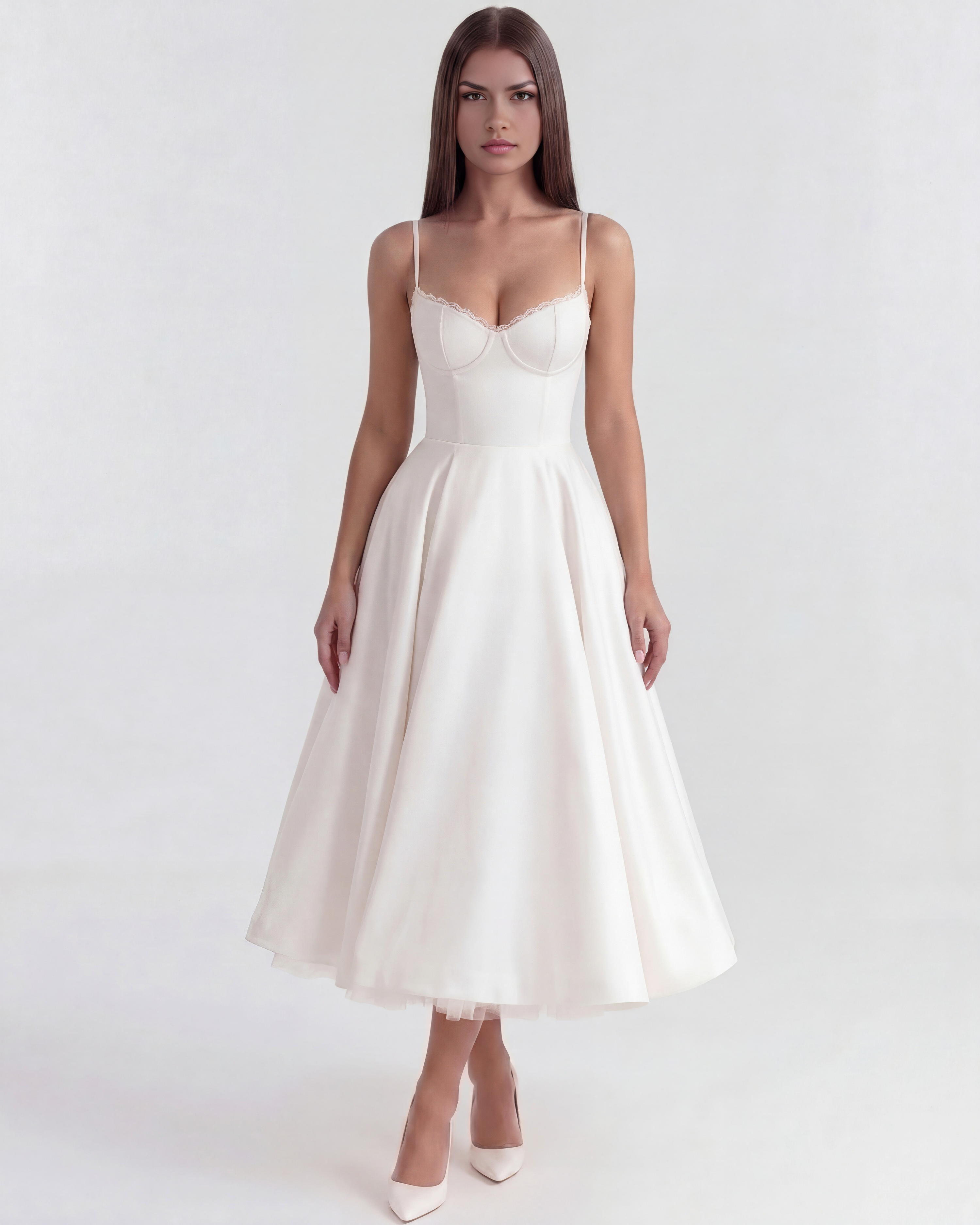 Selene — Sweetheart Midi Dress in White