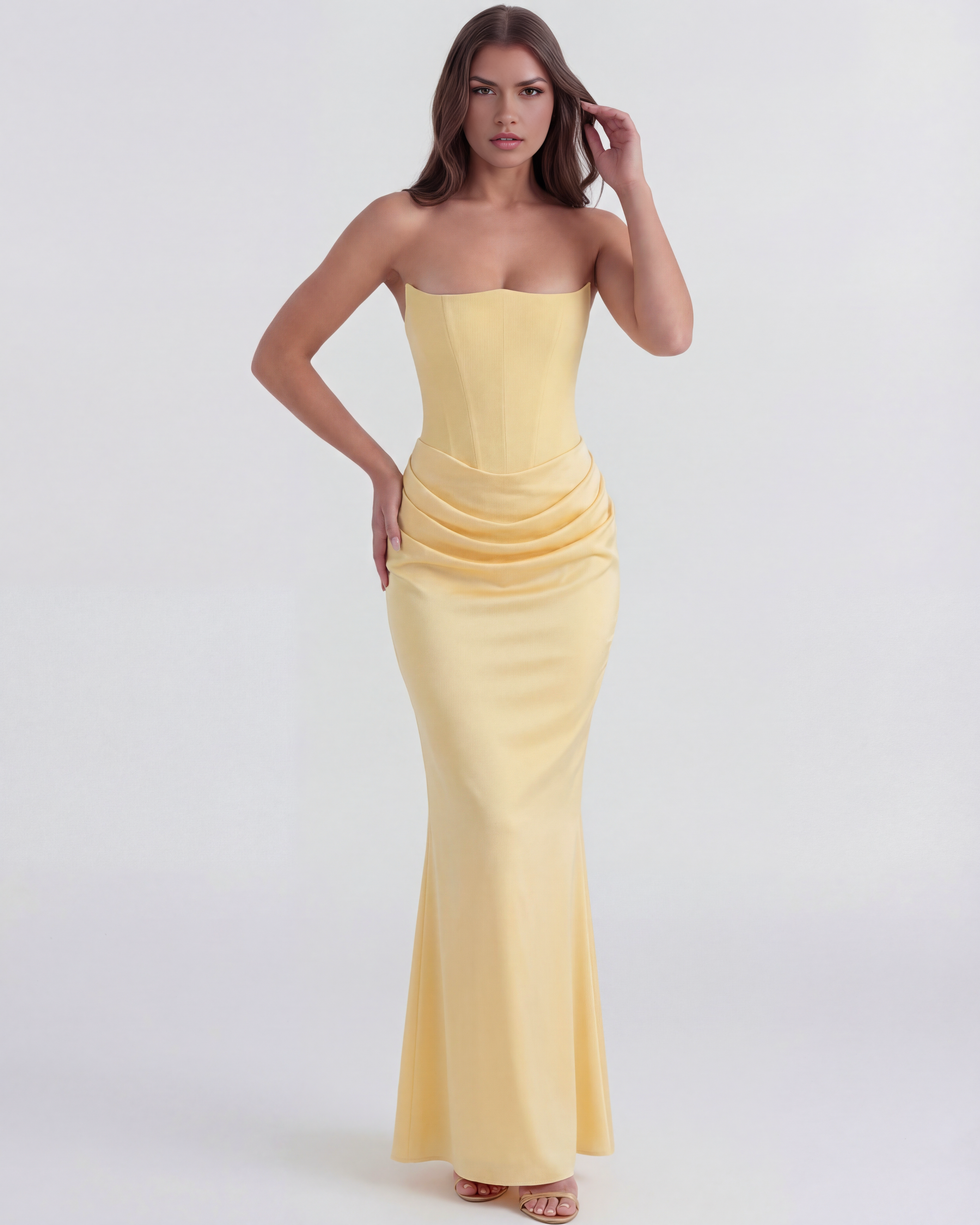 Rosalind — Crepe Corset Dress in Butter Yellow