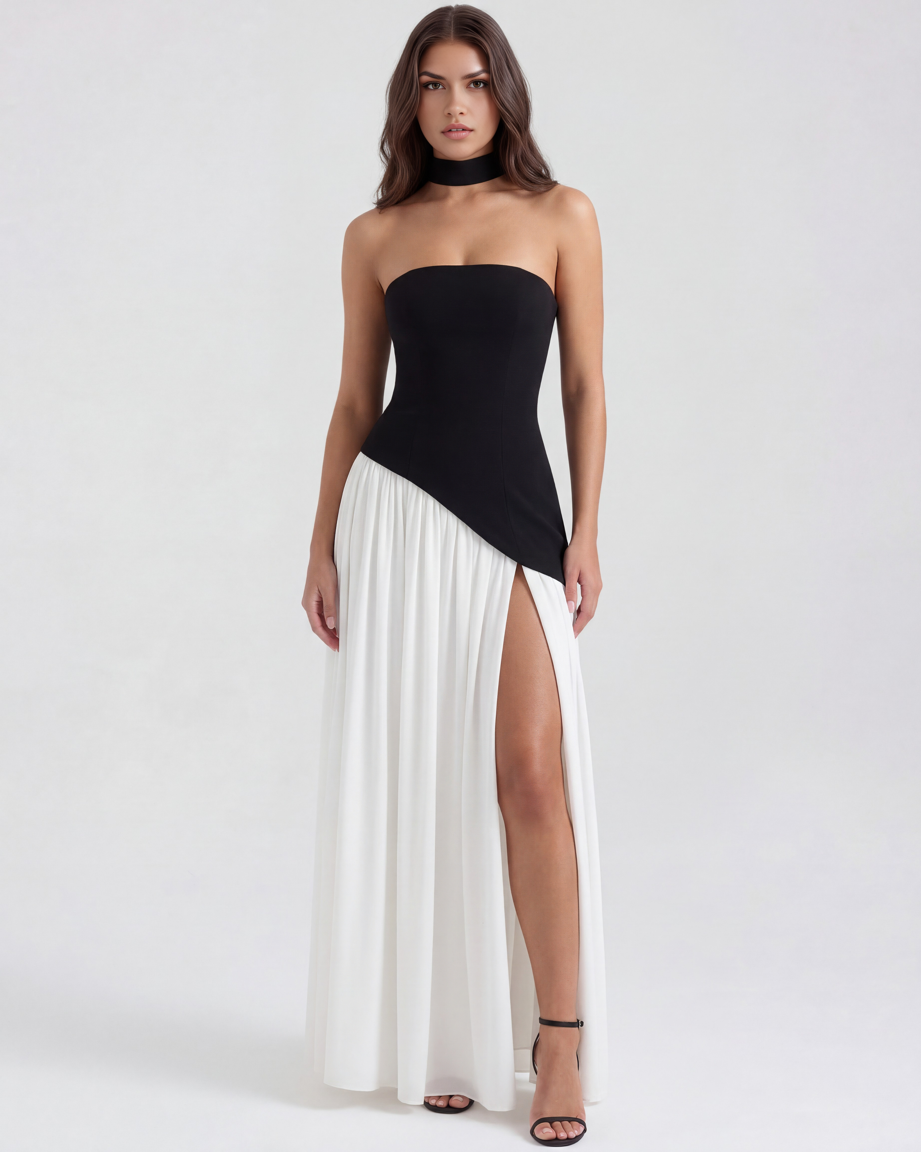 Serena — Black & White Strapless Maxi Dress