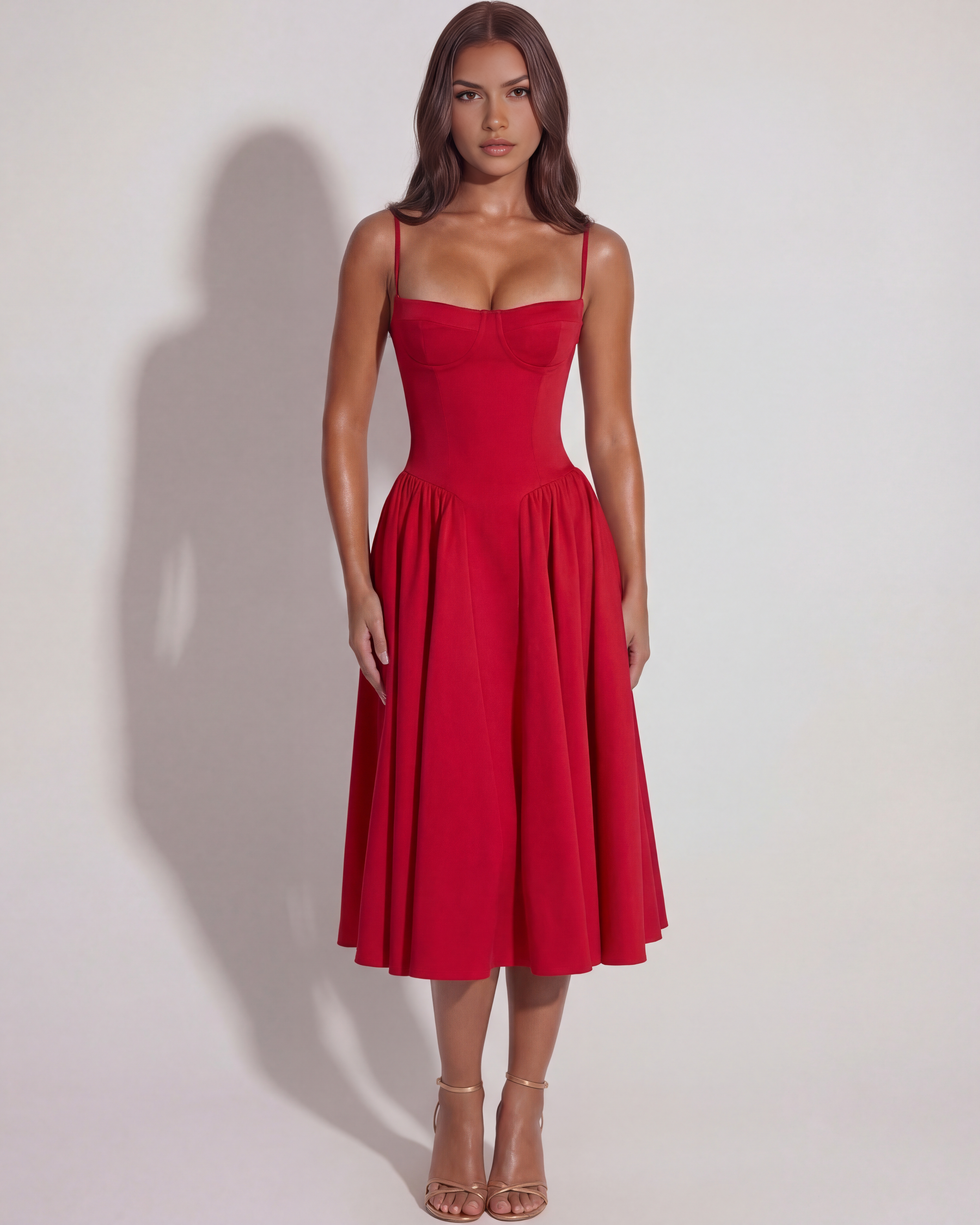 Francesca — Red Twill Corset Midi Dress