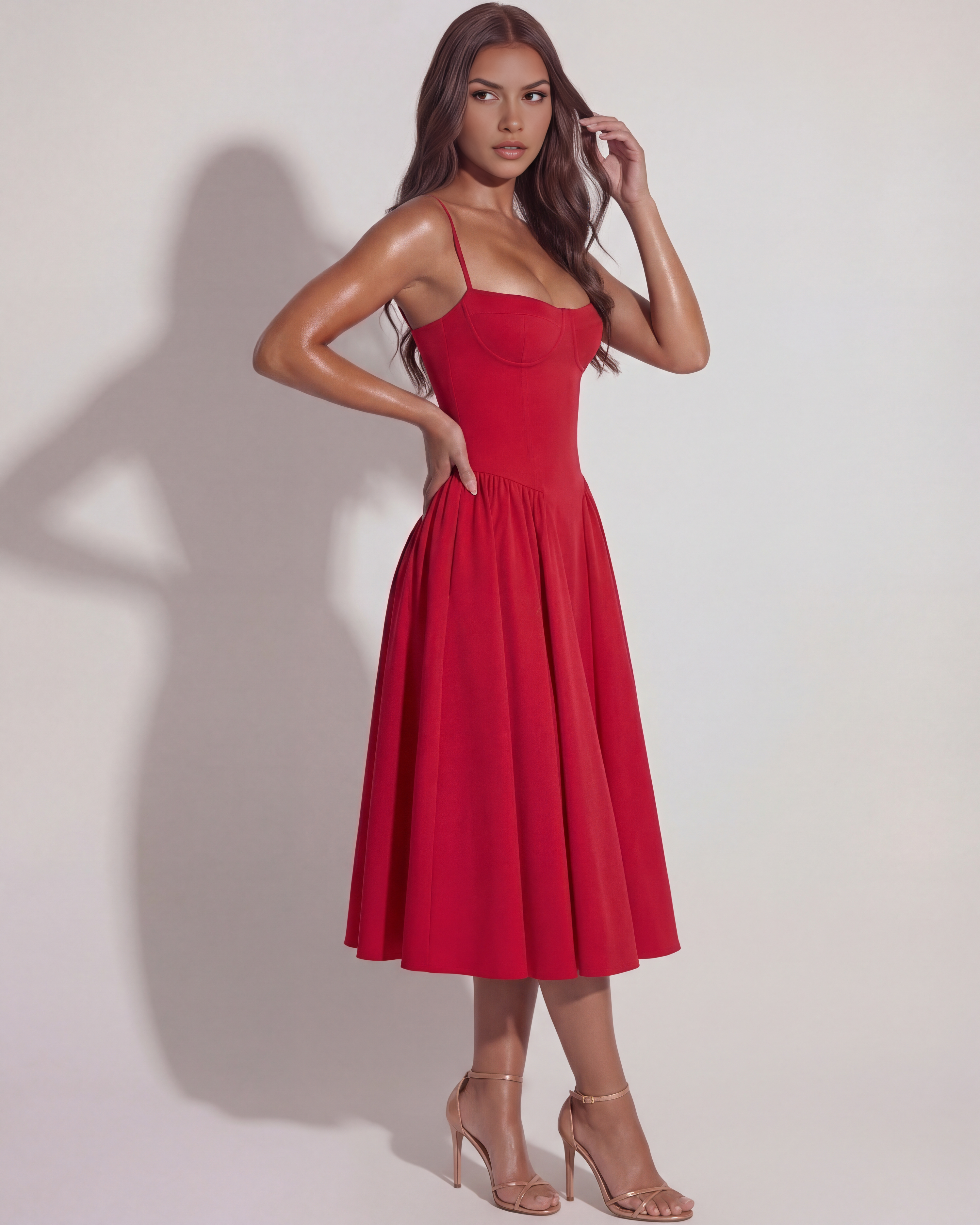 Francesca — Red Twill Corset Midi Dress