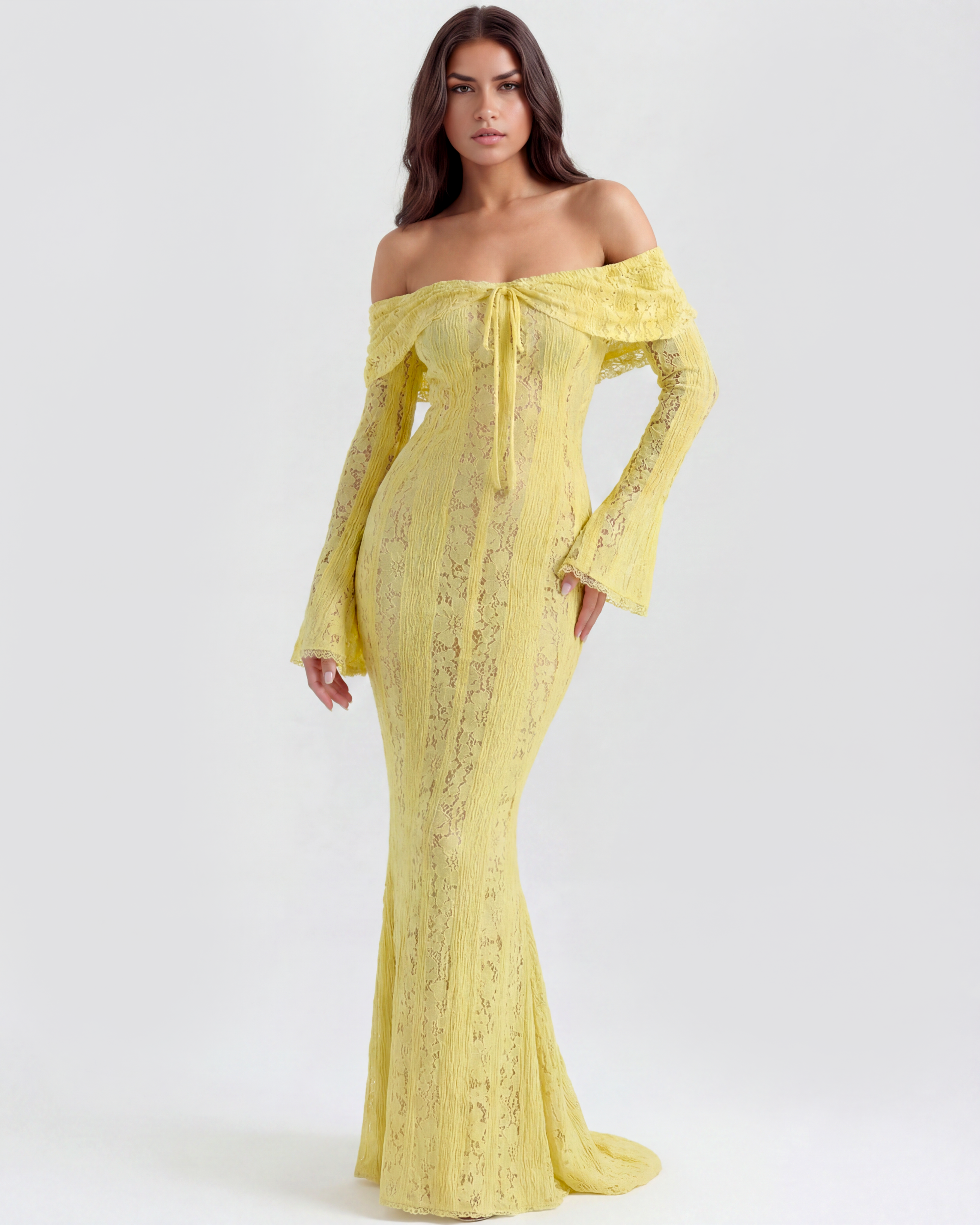 Alessandra — Floral Lace Maxi Dress in Yellow