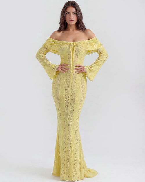 Alessandra — Floral Lace Maxi Dress in Yellow