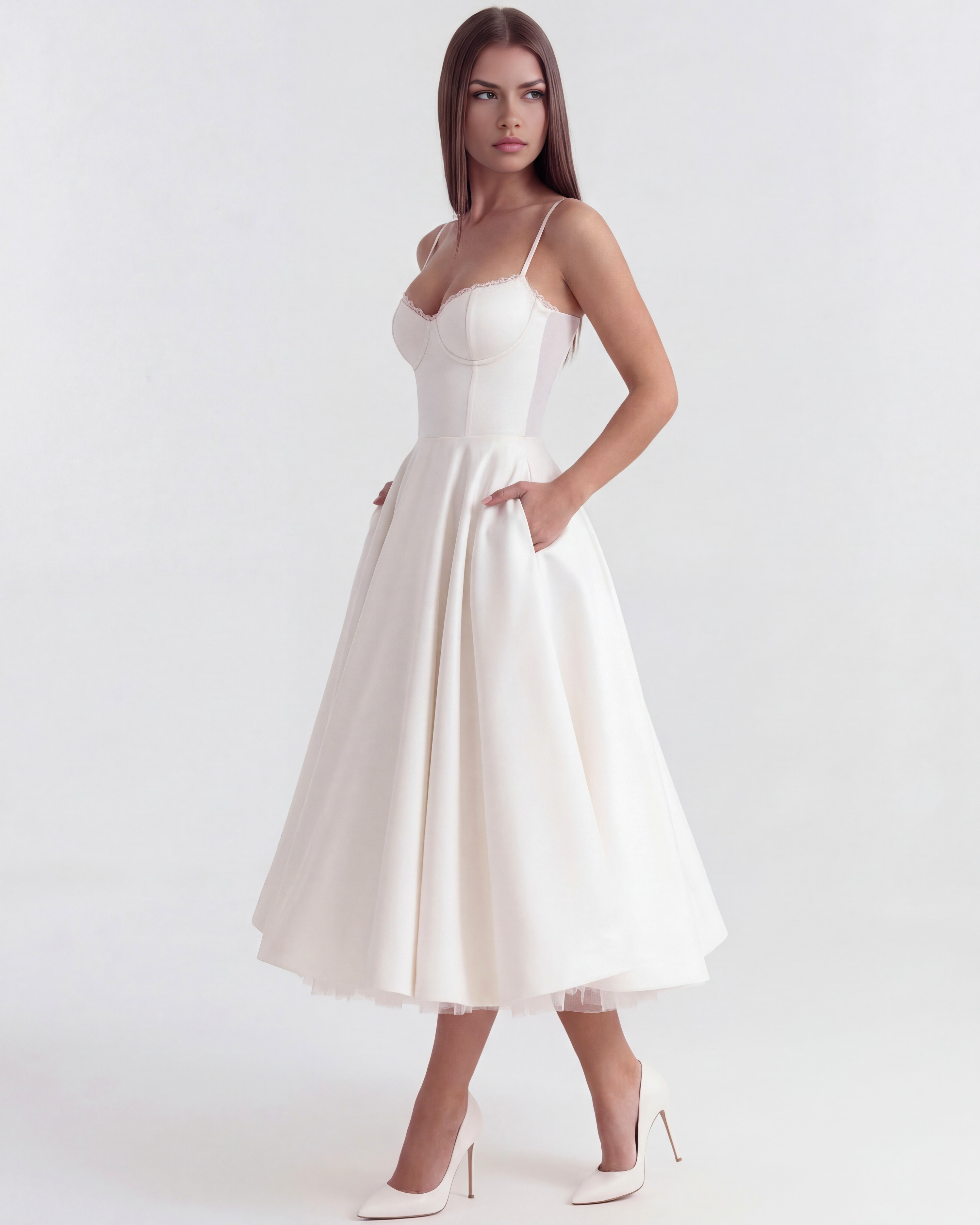 Selene — Sweetheart Midi Dress in White