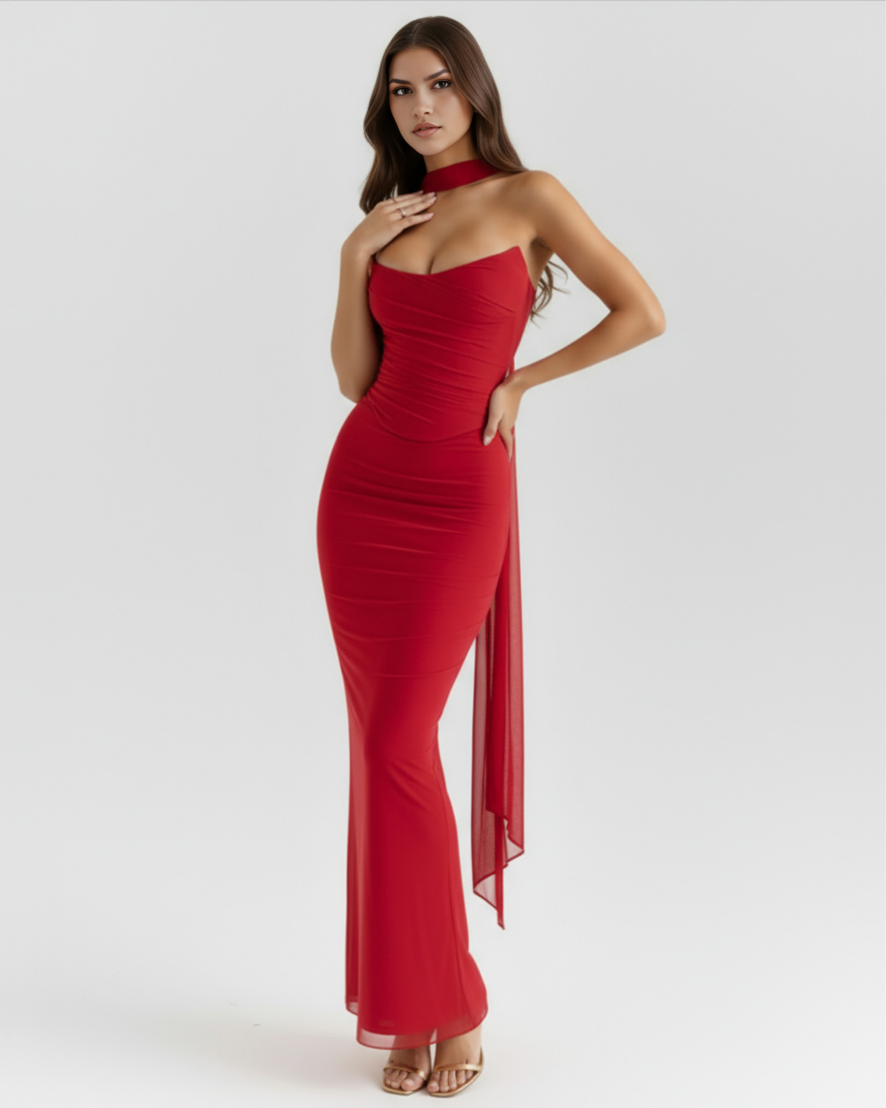 Malu — Three-Piece Mesh Maxi Dress in Red
