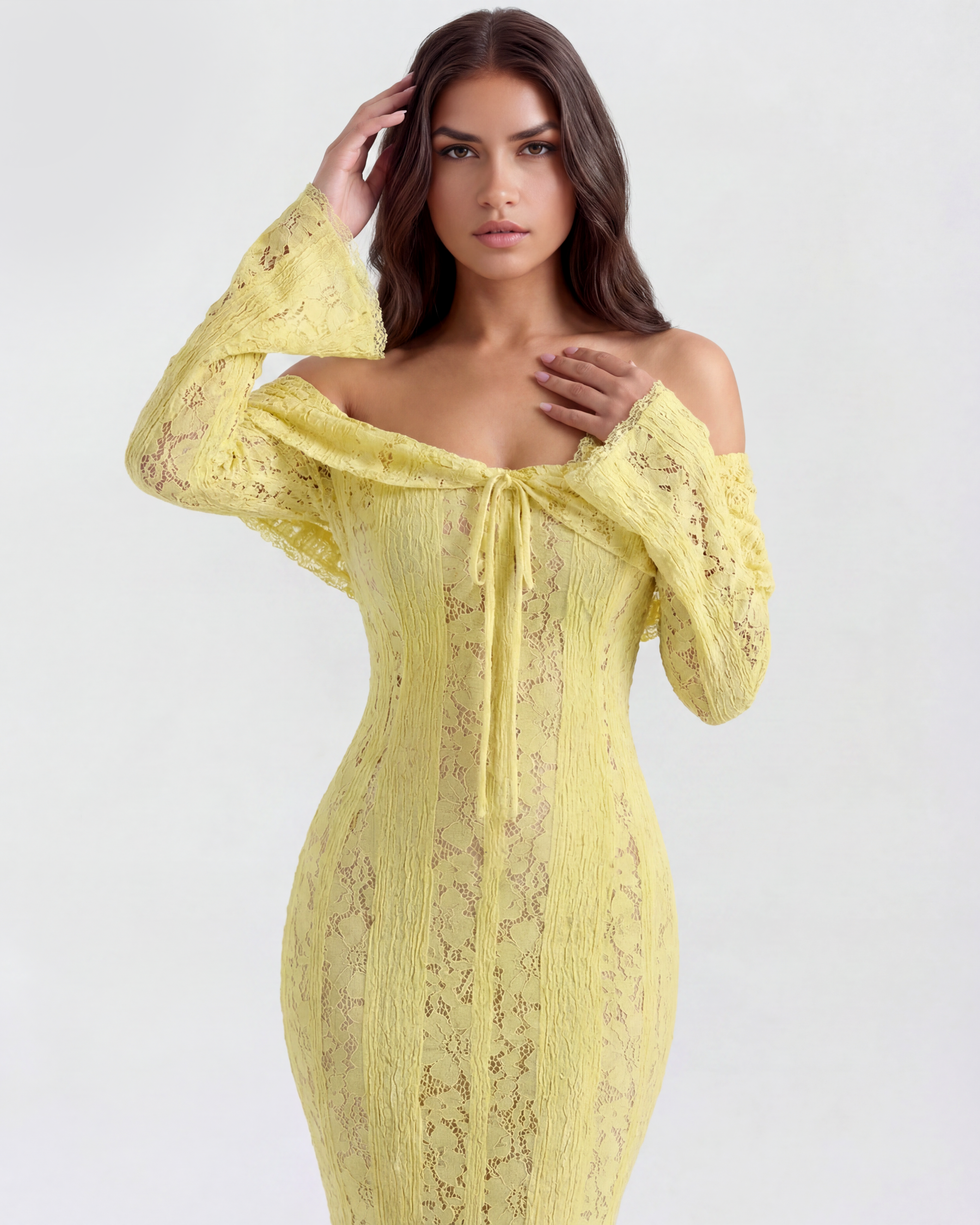 Alessandra — Floral Lace Maxi Dress in Yellow