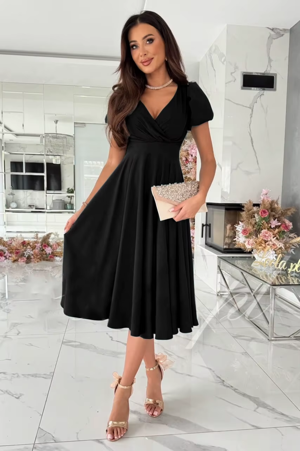 Anika - Elegant V-Neck Midi Dress for Weddings and Other Occasions