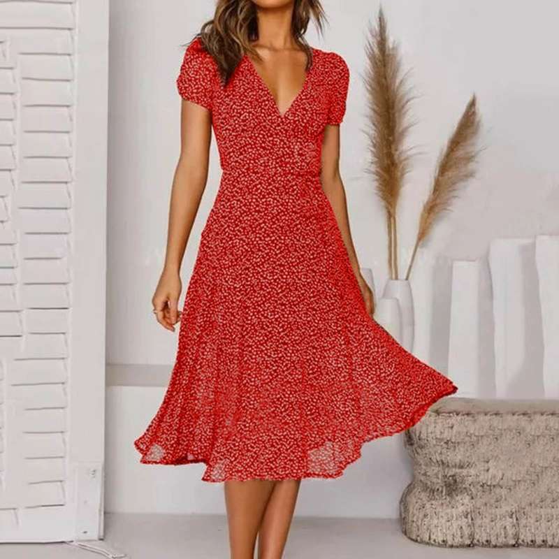 Lena - Women's Short-Sleeve V-Neck Floral Swing Dress