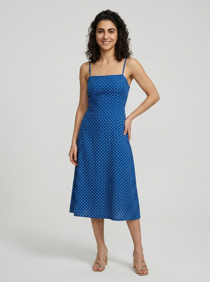 Robe Marathi — Bleu Pois Midi à Bretelles