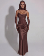 Vittoria — Draped Strapless Maxi Dress in Brown