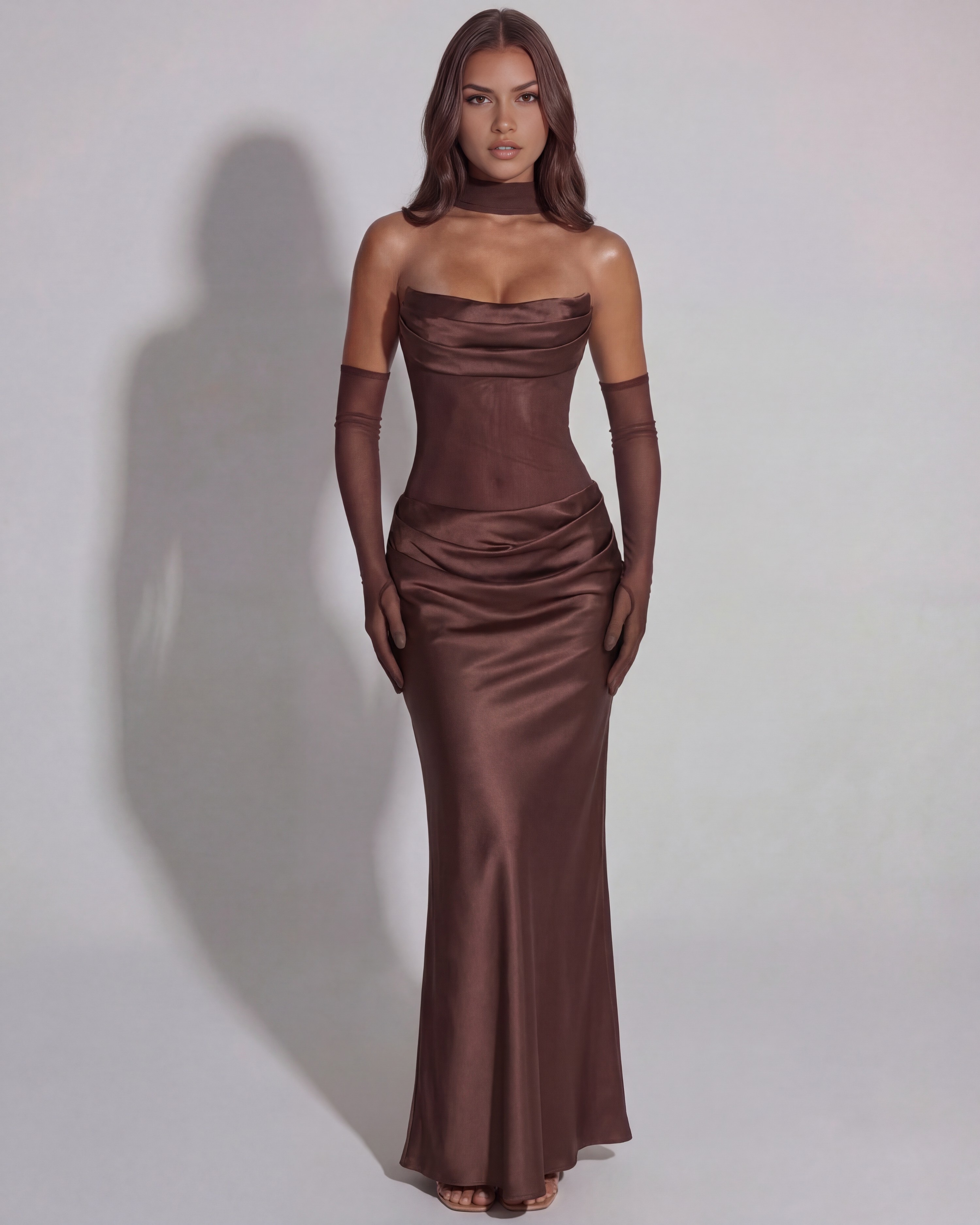 Vittoria — Draped Strapless Maxi Dress in Brown