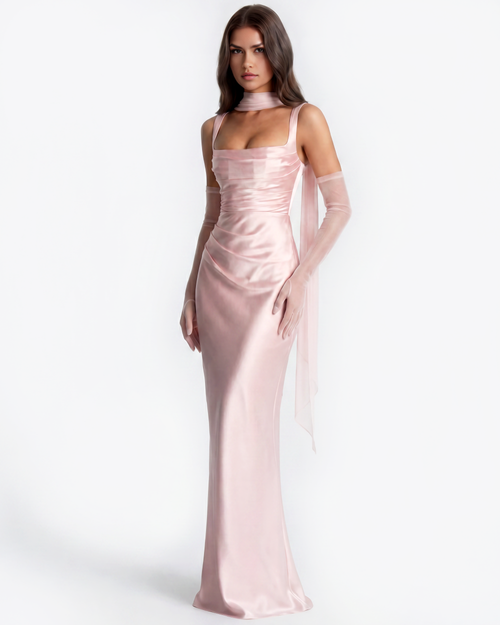 Adrienne — Pink Satin Maxi Dress