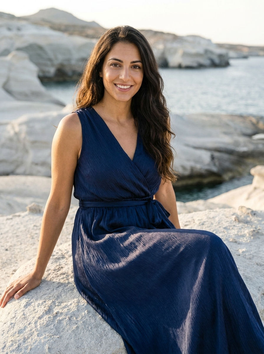 Robe Dokos — Bleu Marine Col V Volants avec Ceinture