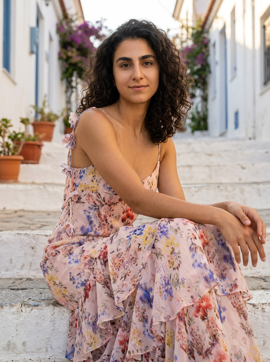 Robe Mykonos — Rose Florale à Volants