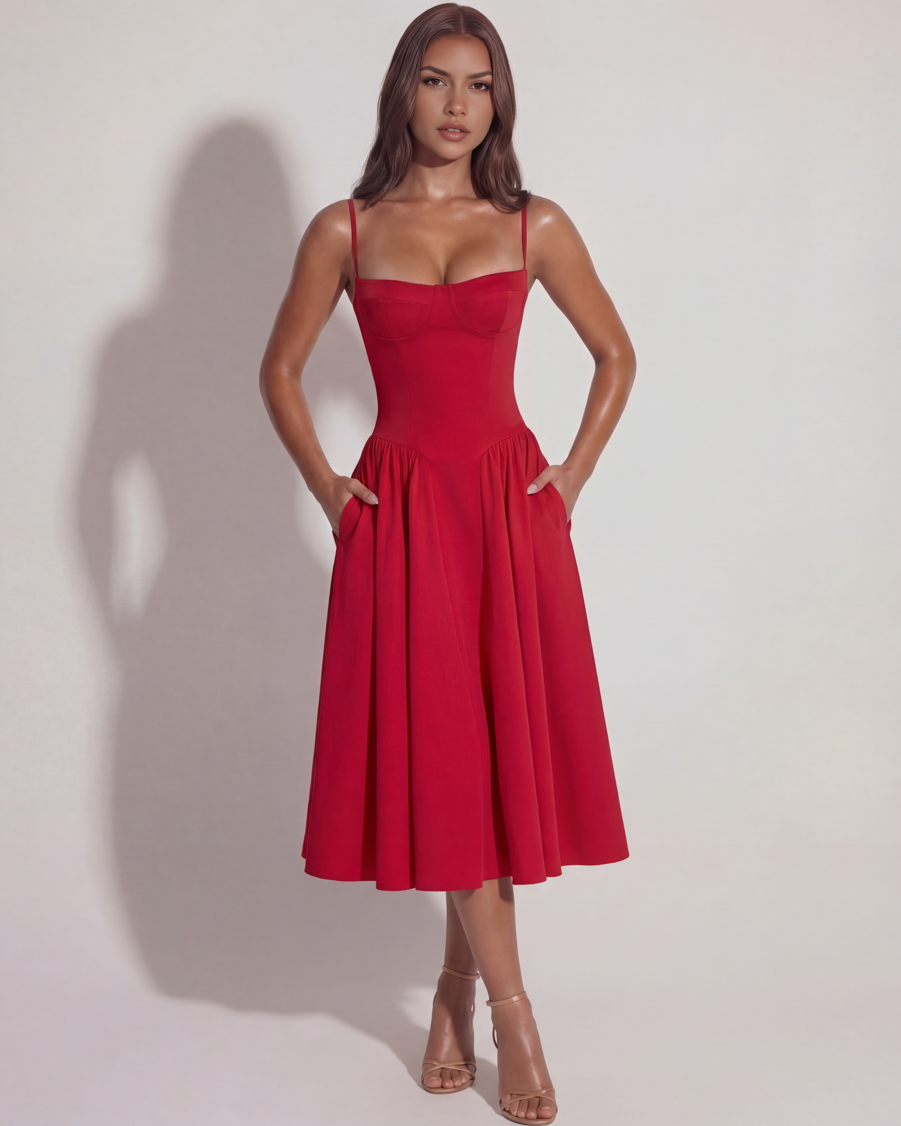 Francesca — Red Twill Corset Midi Dress