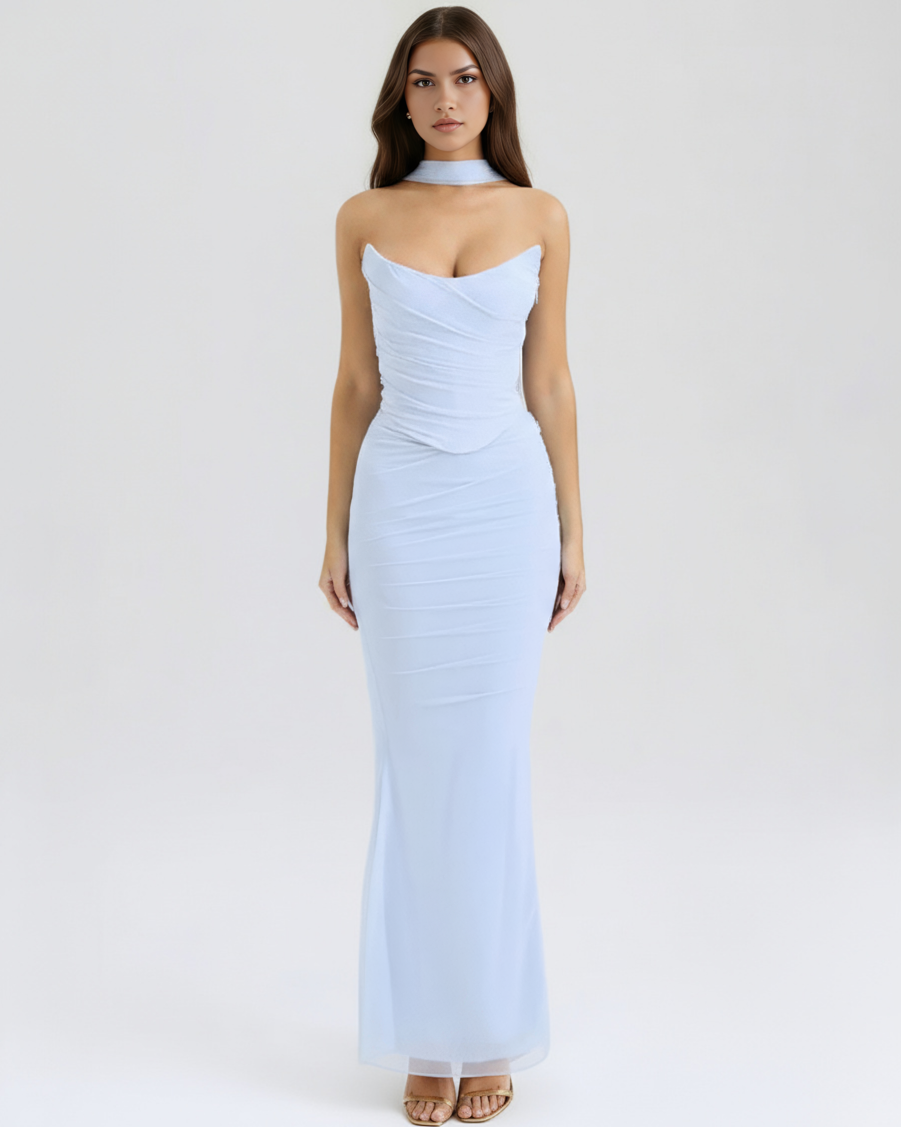 Malu Baby — Three-Piece Mesh Maxi Dress in Light Blue