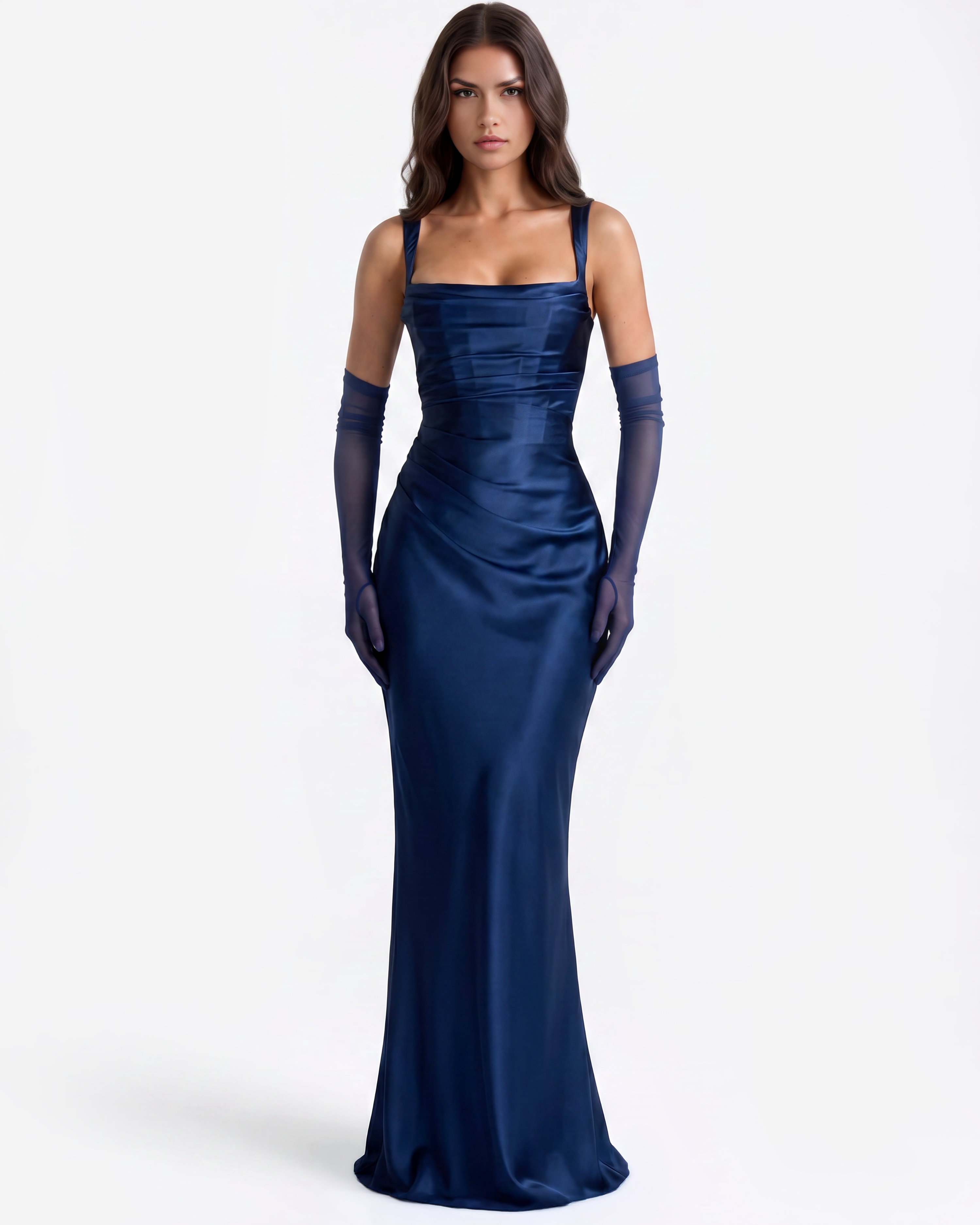 Adrienne — Satin Maxi Dress in Navy
