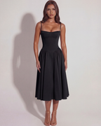 Francesca — Black Twill Midi Dress