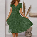 Lena - Women's Short-Sleeve V-Neck Floral Swing Dress