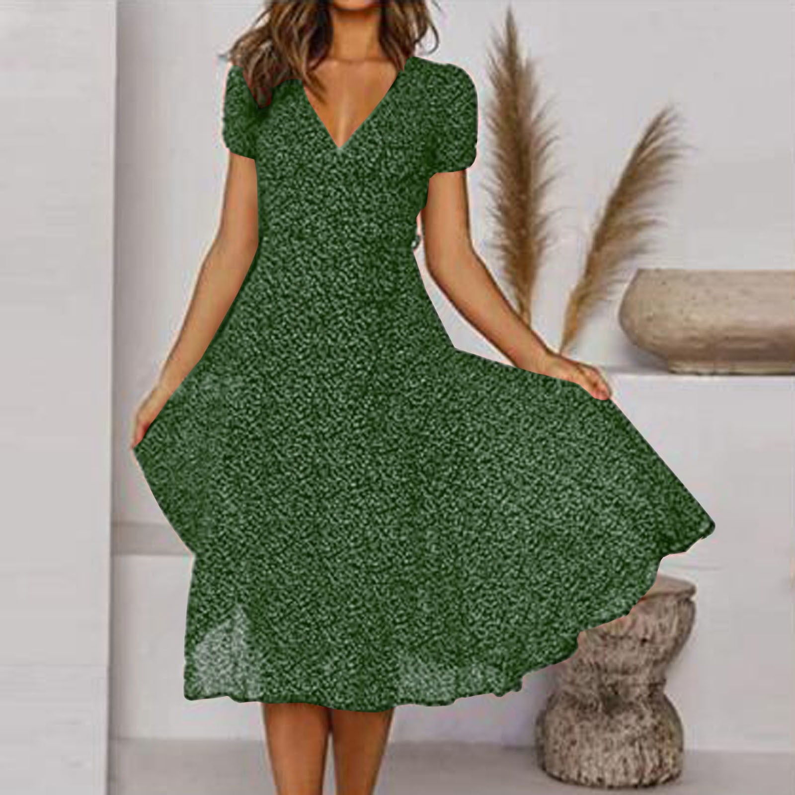Lena - Women's Short-Sleeve V-Neck Floral Swing Dress