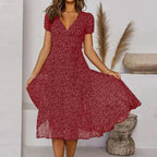 Lena - Women's Short-Sleeve V-Neck Floral Swing Dress