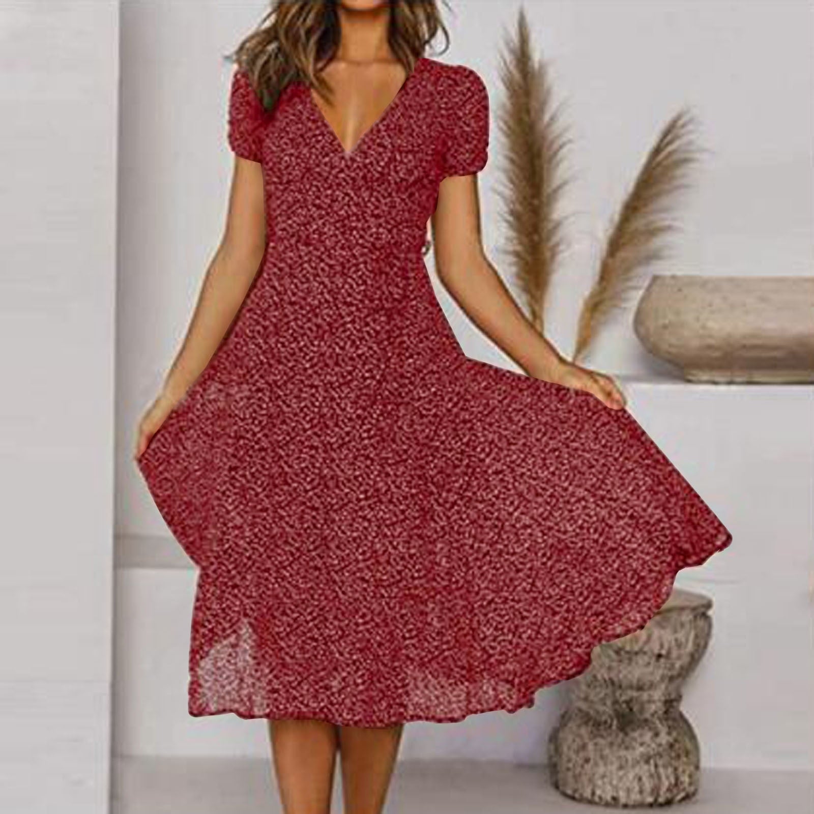 Lena - Women's Short-Sleeve V-Neck Floral Swing Dress
