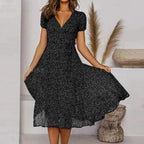 Lena - Women's Short-Sleeve V-Neck Floral Swing Dress