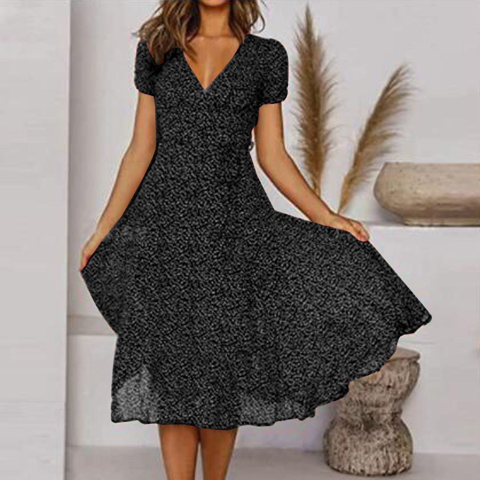 Lena - Women's Short-Sleeve V-Neck Floral Swing Dress