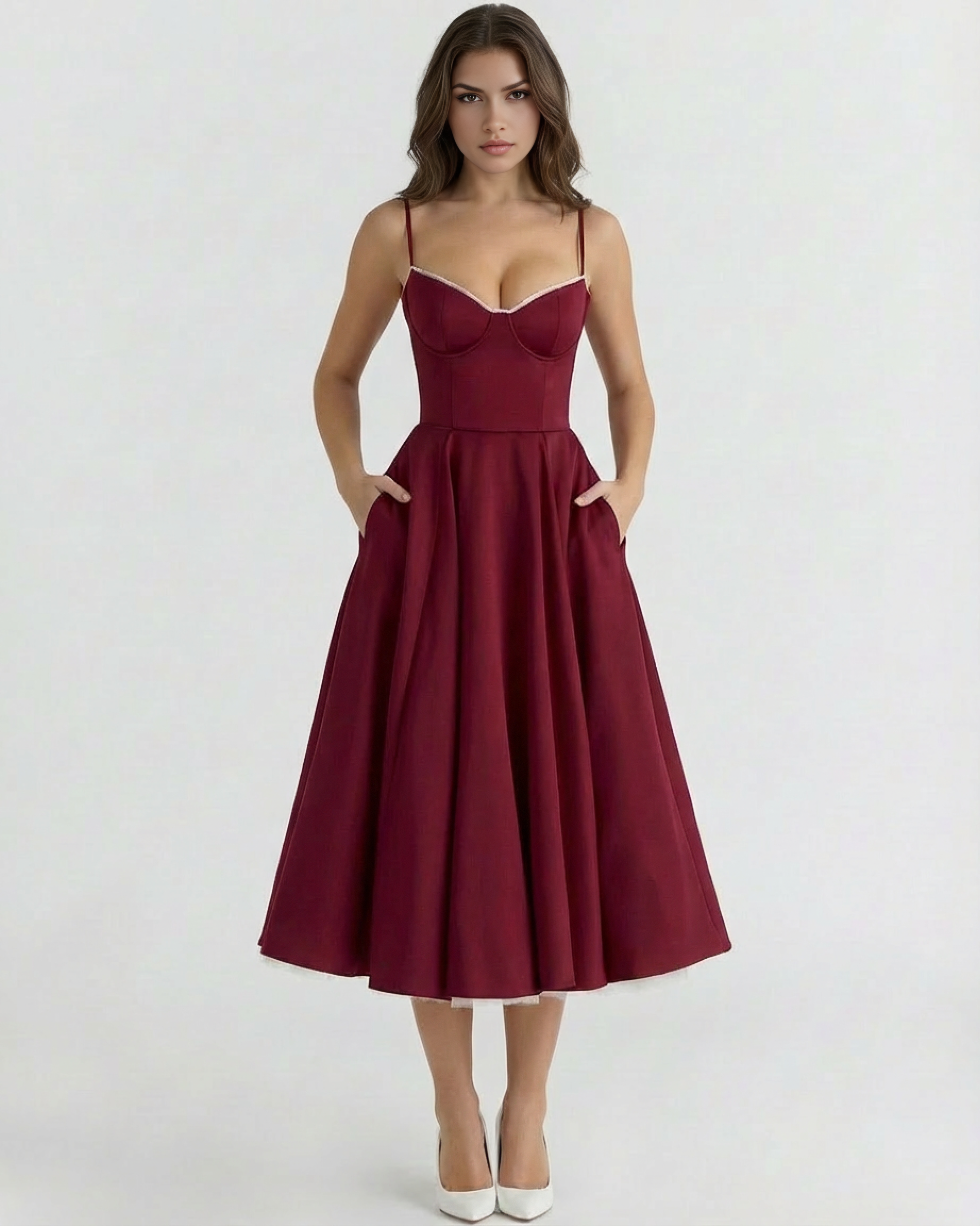 Selene — Burgundy Satin Midi Dress