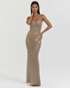 Isabella — Gold Crystal Maxi Dress