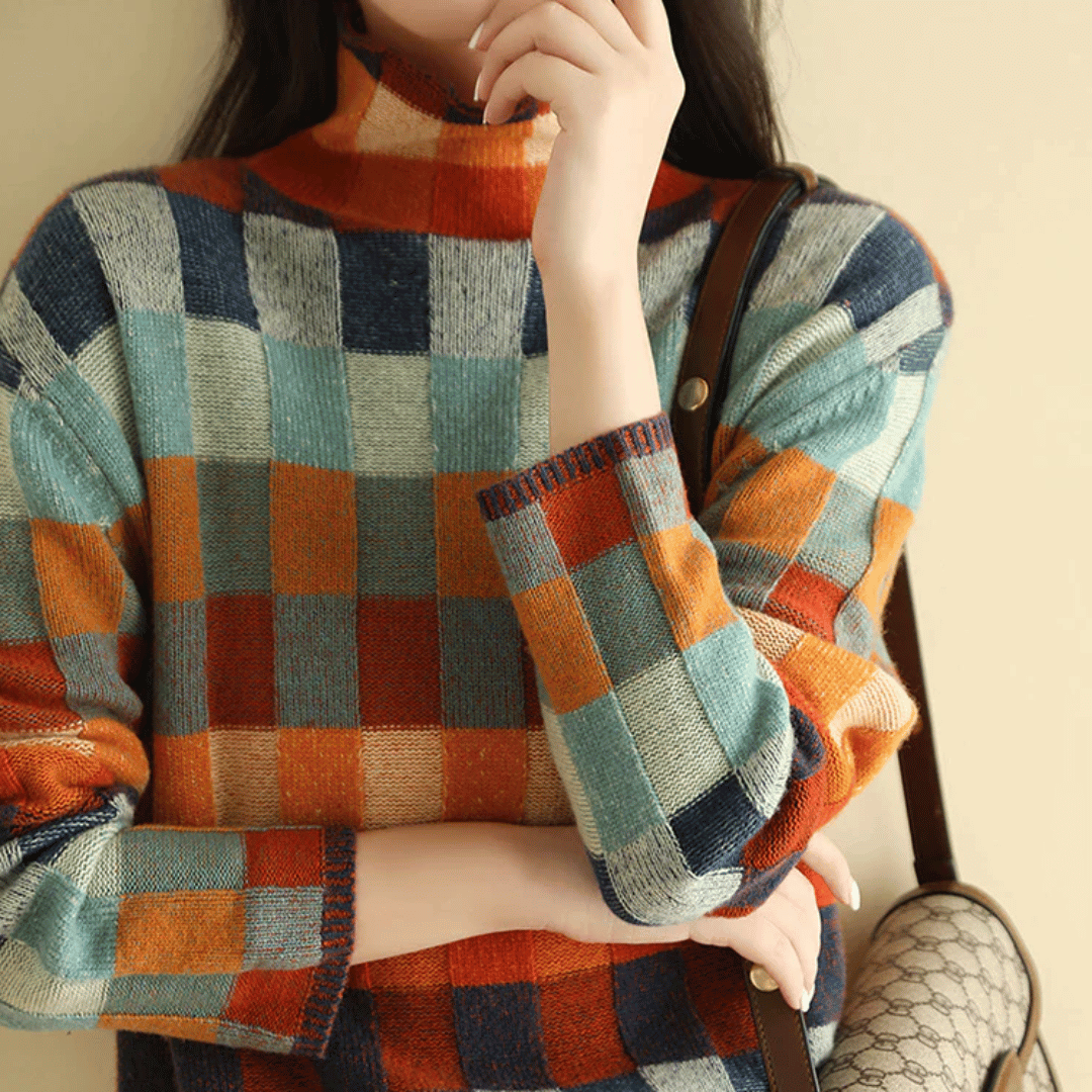 Bethany - Damski sweter patchworkowy z golfem