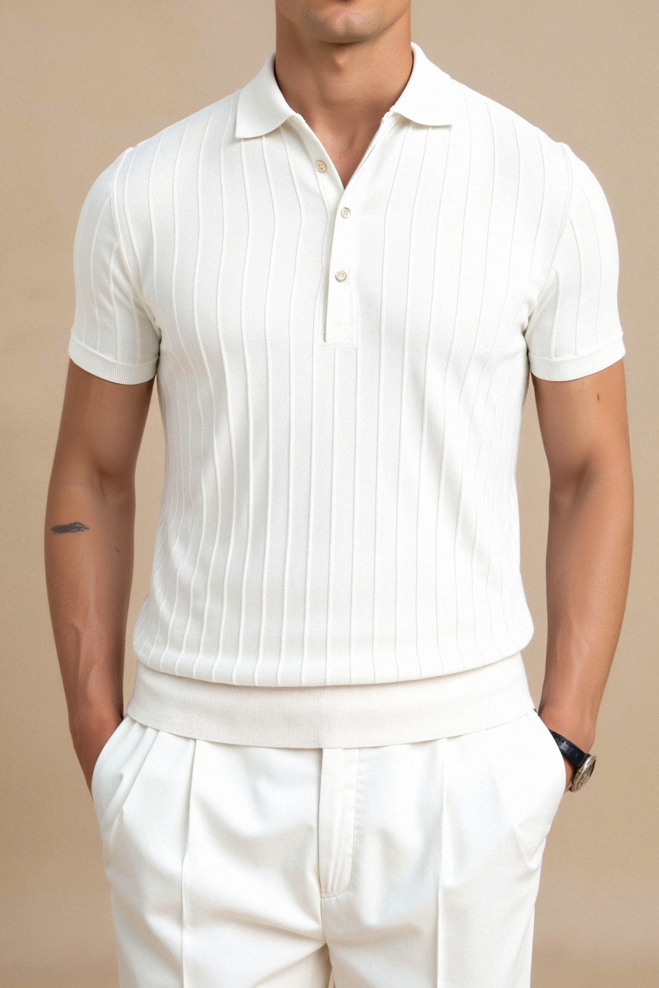 Vertical Striped Button Polo