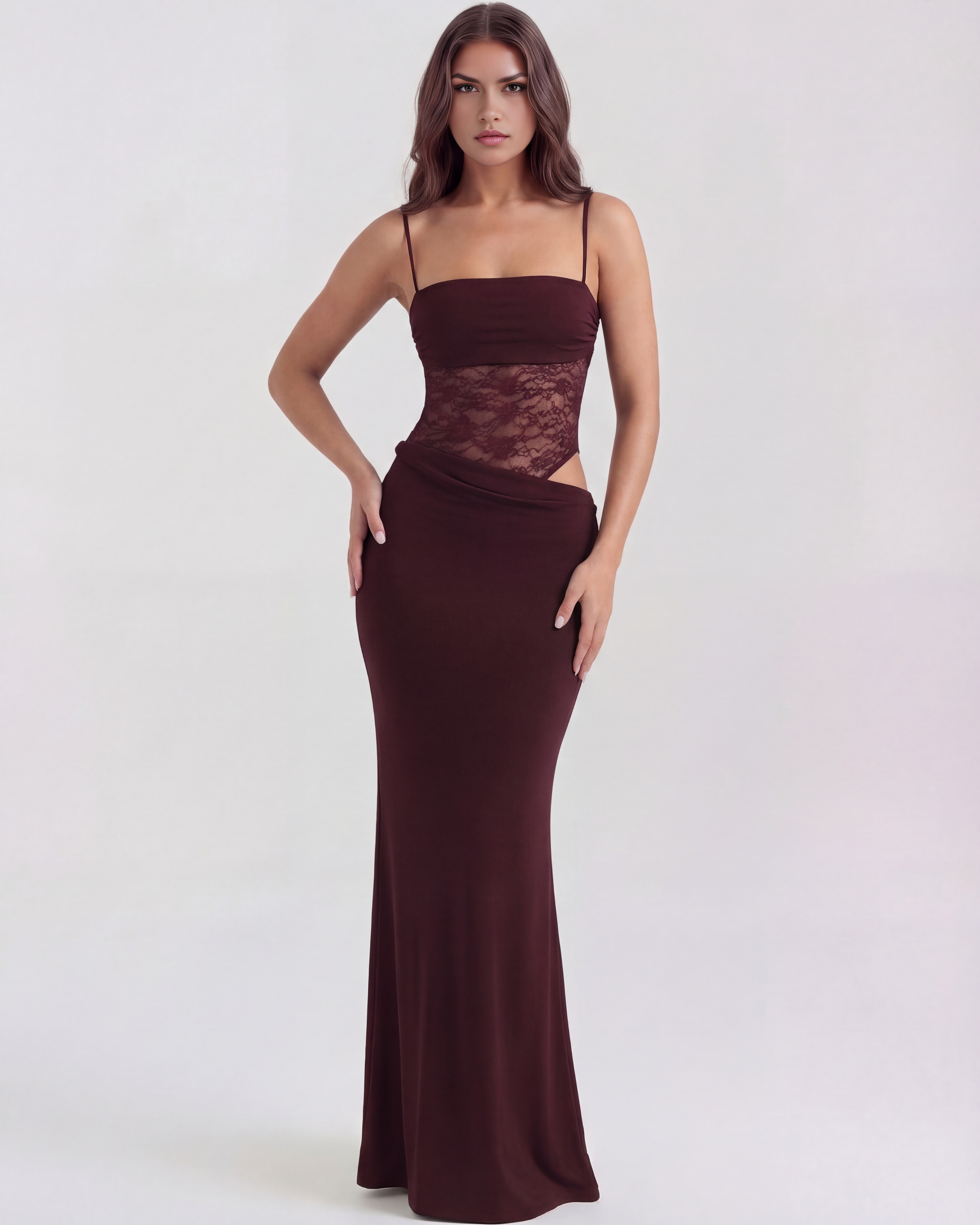 Valeria — Burgundy Lace Maxi Dress