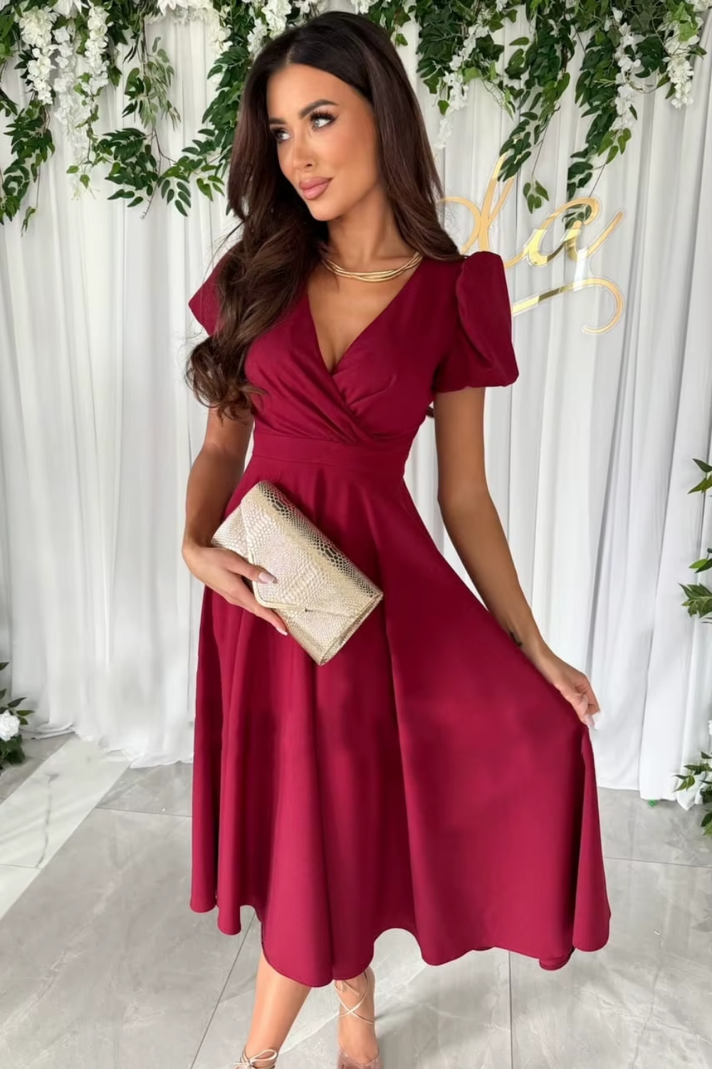 Anika - Elegant V-Neck Midi Dress for Weddings and Other Occasions